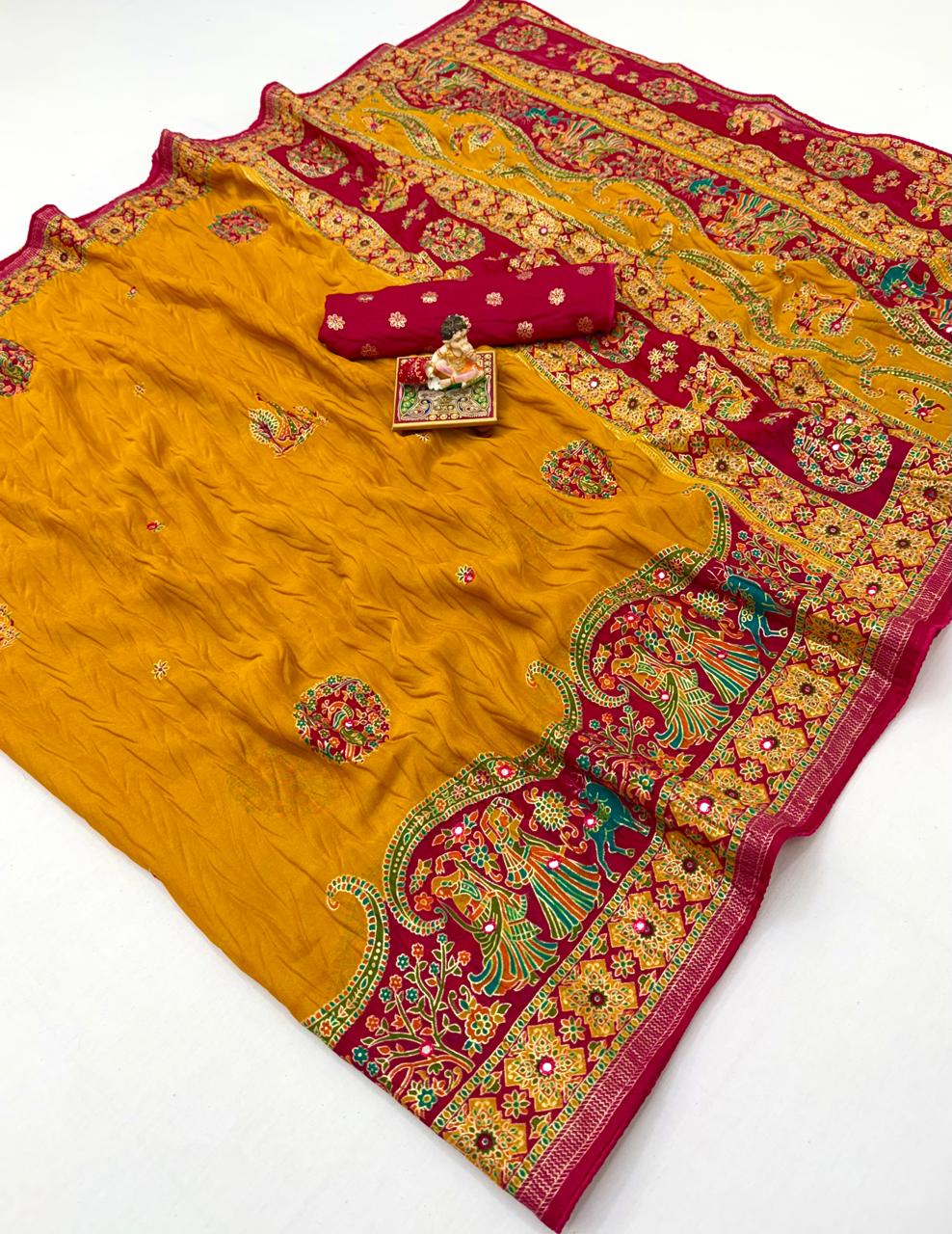 Mustard Moss Georgette Silk Saree With Foil Work for Women