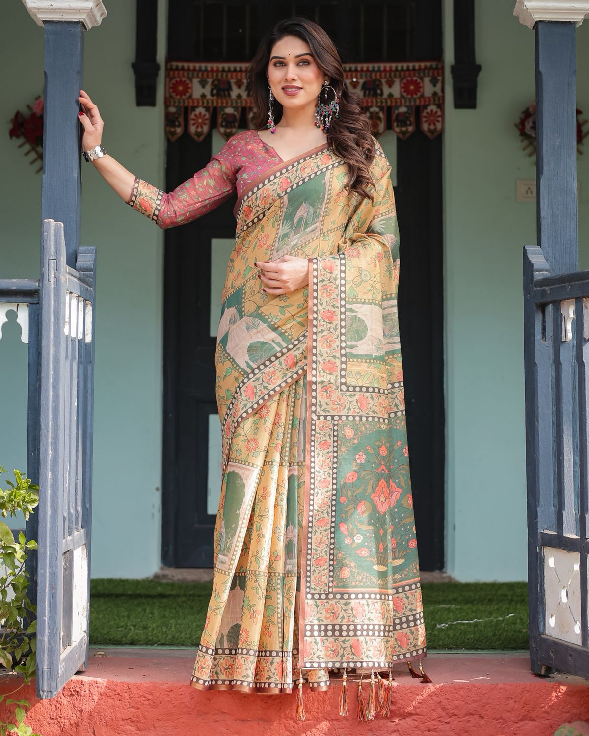 Mustard Olive Handloom Floral Heritage Saree with Pallu for Women