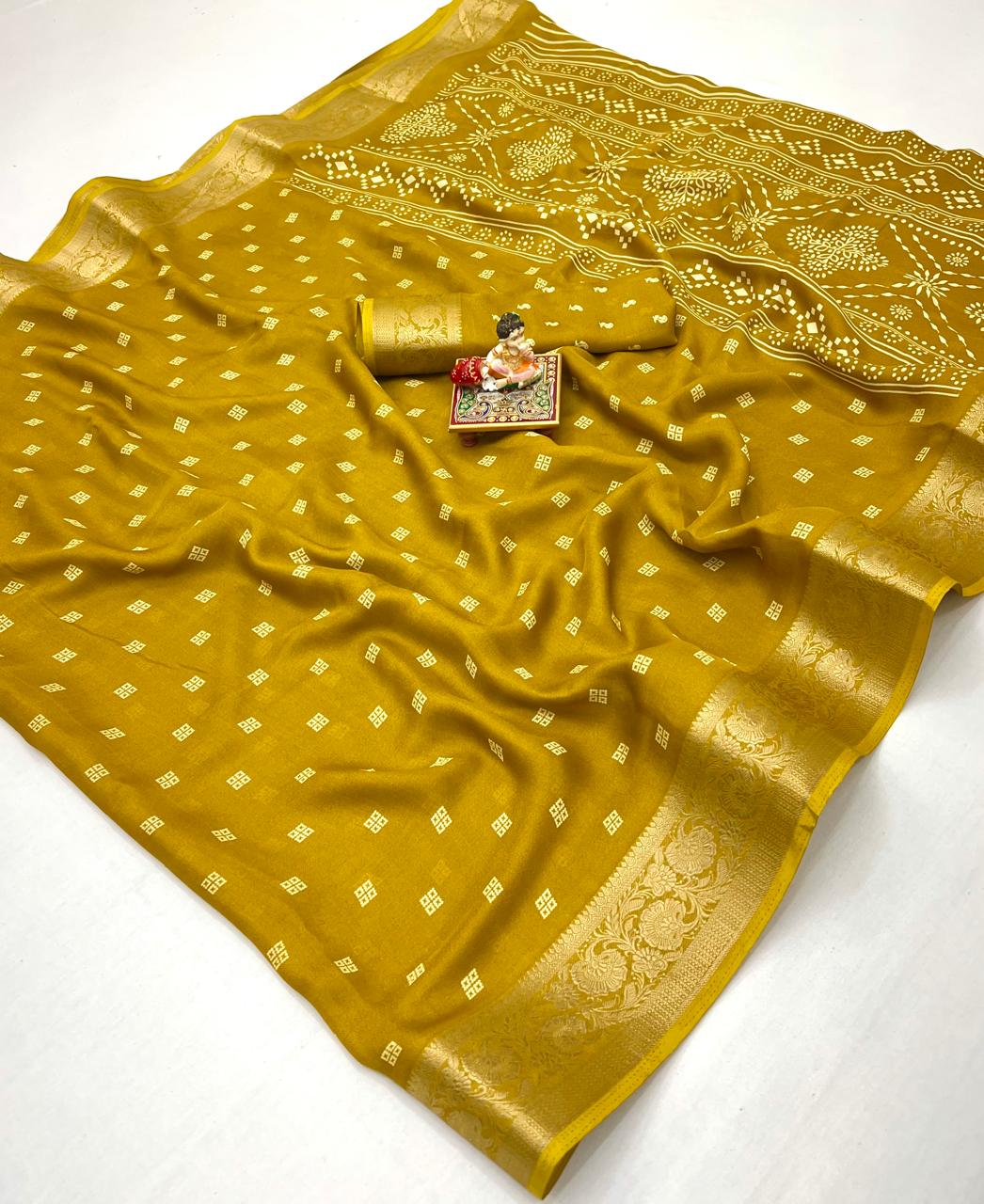 Mustard Moss Georgette Saree With Zari Border for Women