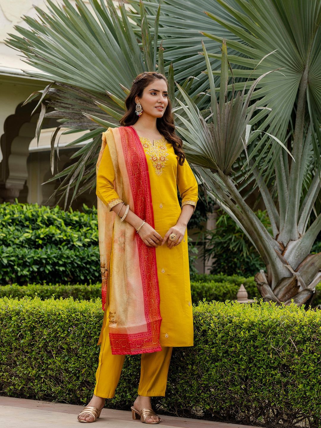 Mustard Embroidered Rayon Kurta Set with Printed Dupatta for Women
