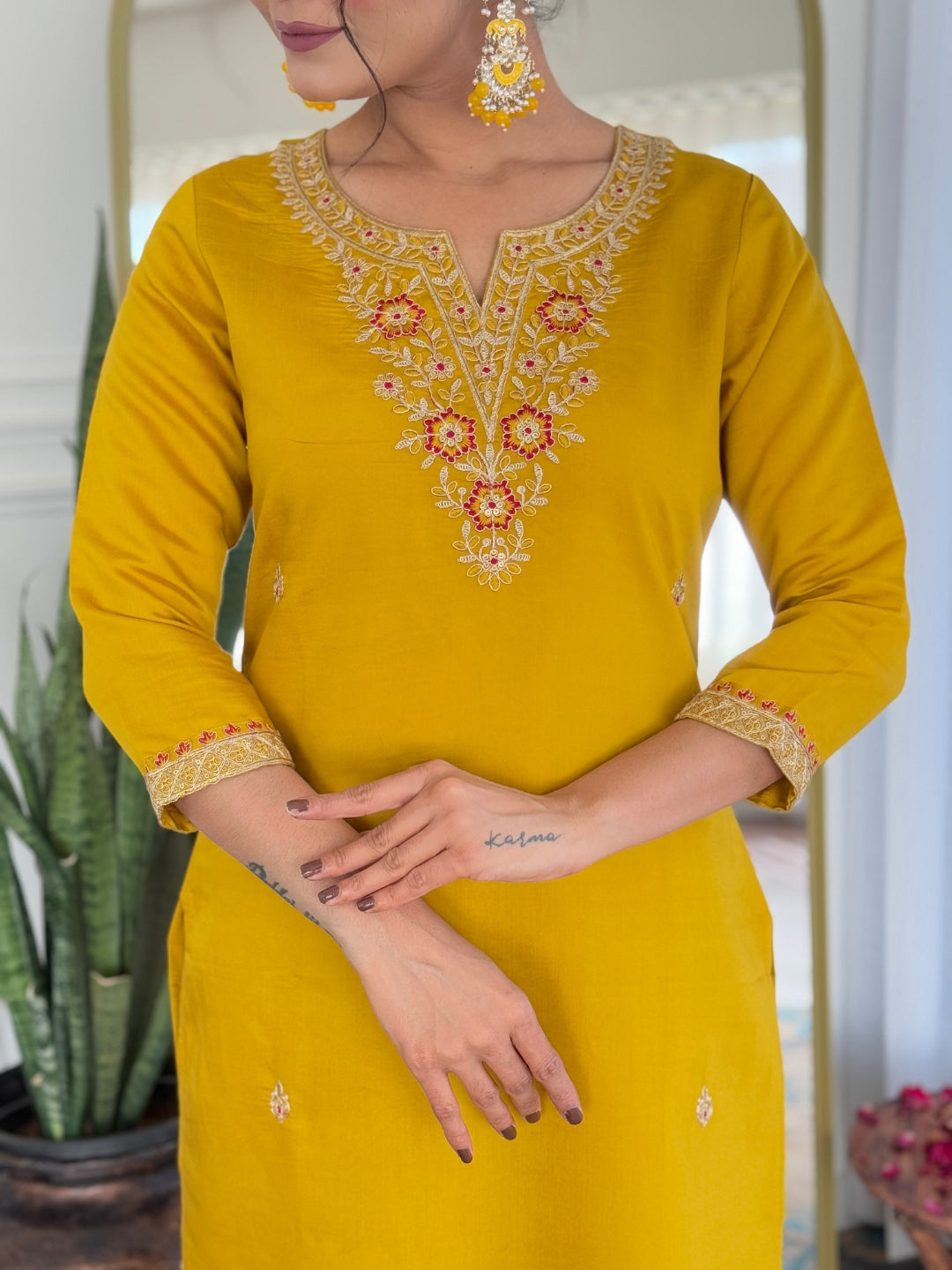 Mustard Embroidered Rayon Kurta Set with Printed Dupatta for Women