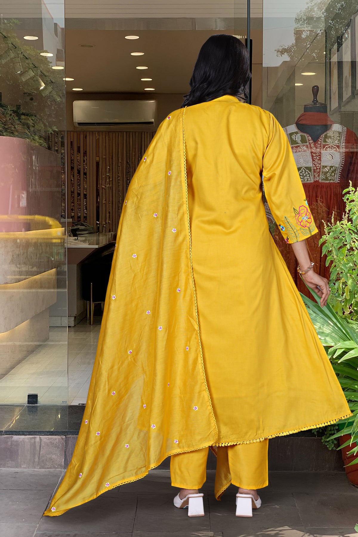 Mustard Yellow Embroidered Chanderi Silk Kurta Set for Women