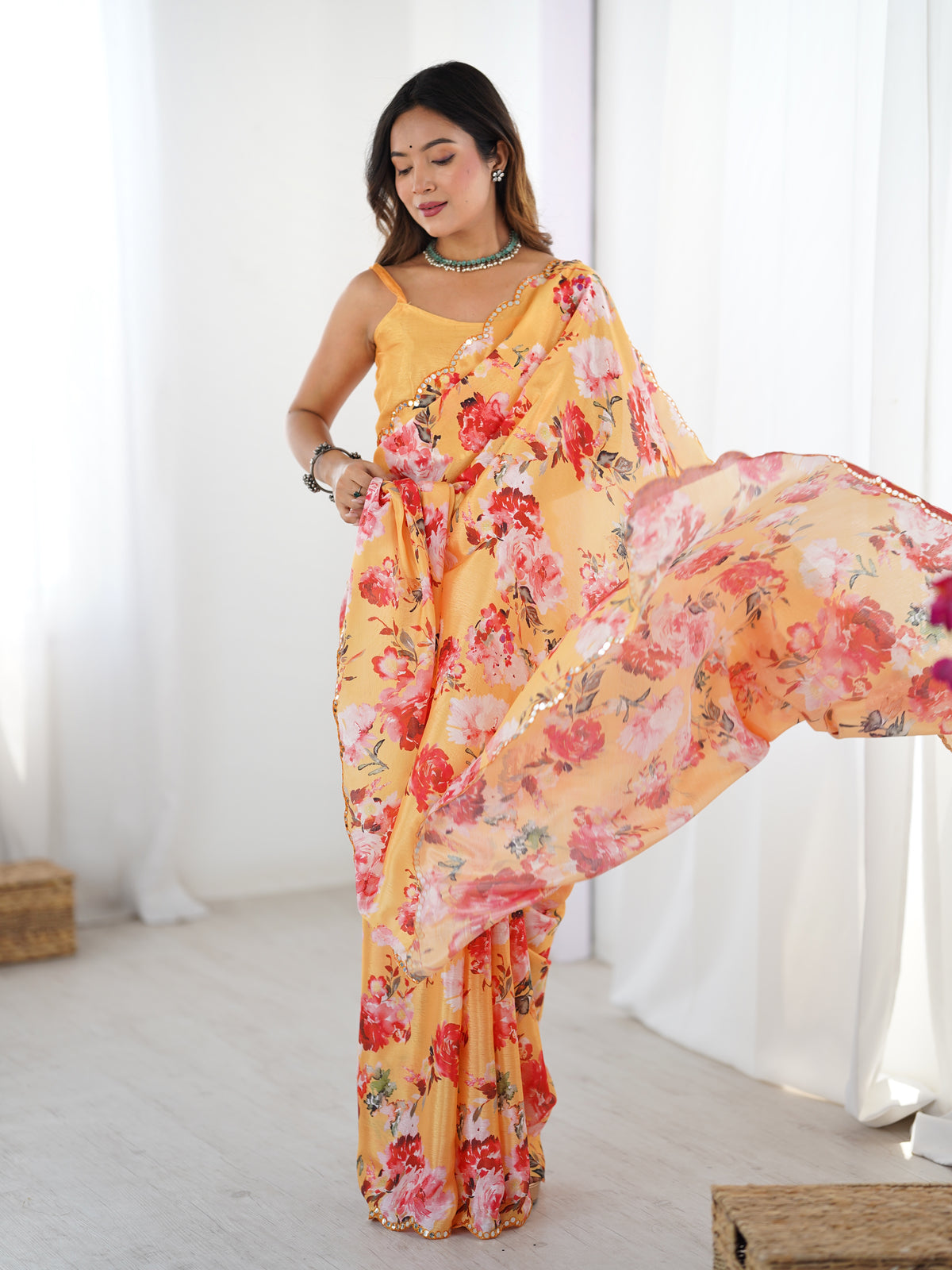 Mustard Yellow Party Wear Chinnon Saree for Women
