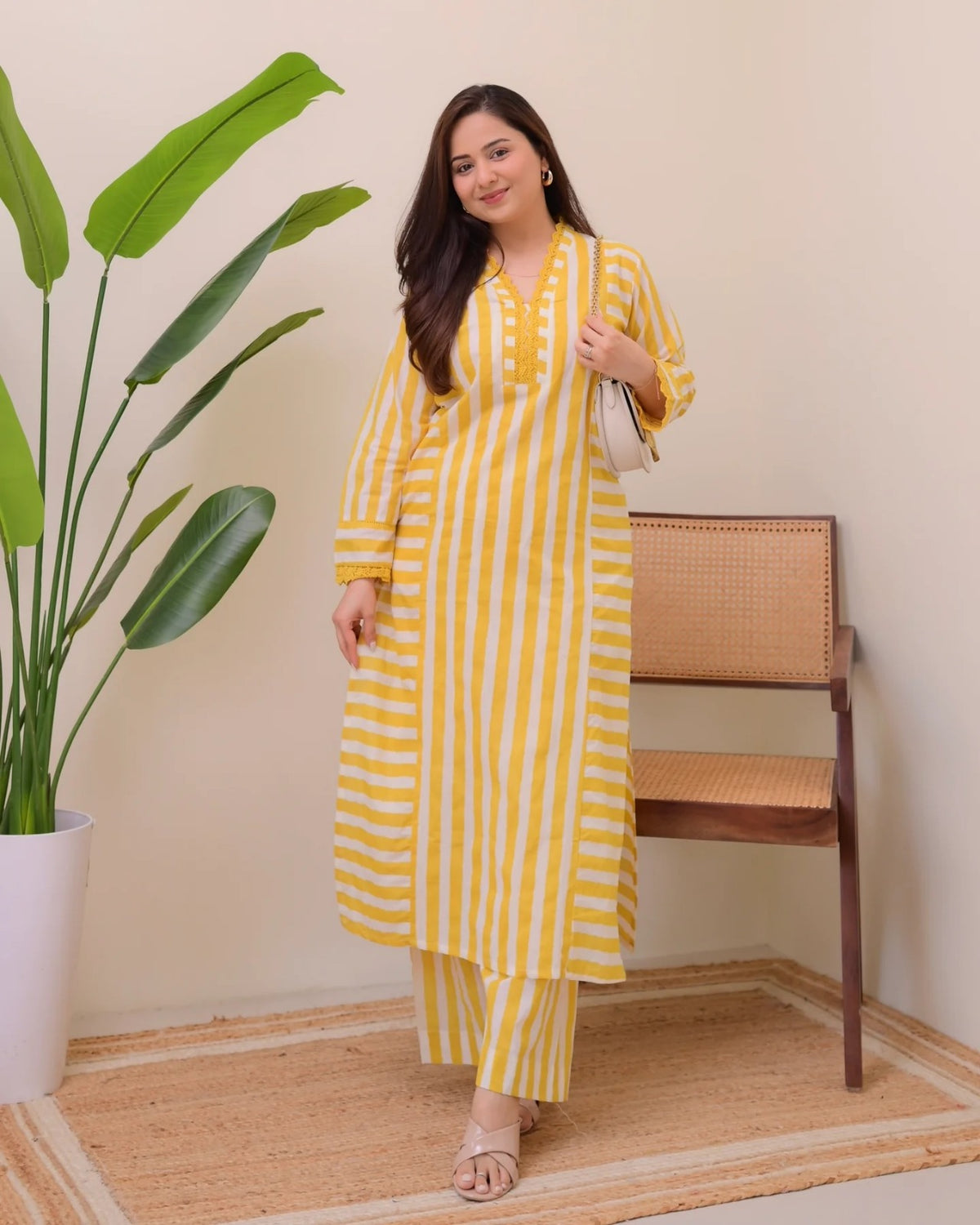Mustard Yellow Striped Rayon Kurta Palazzo Set Women for Women