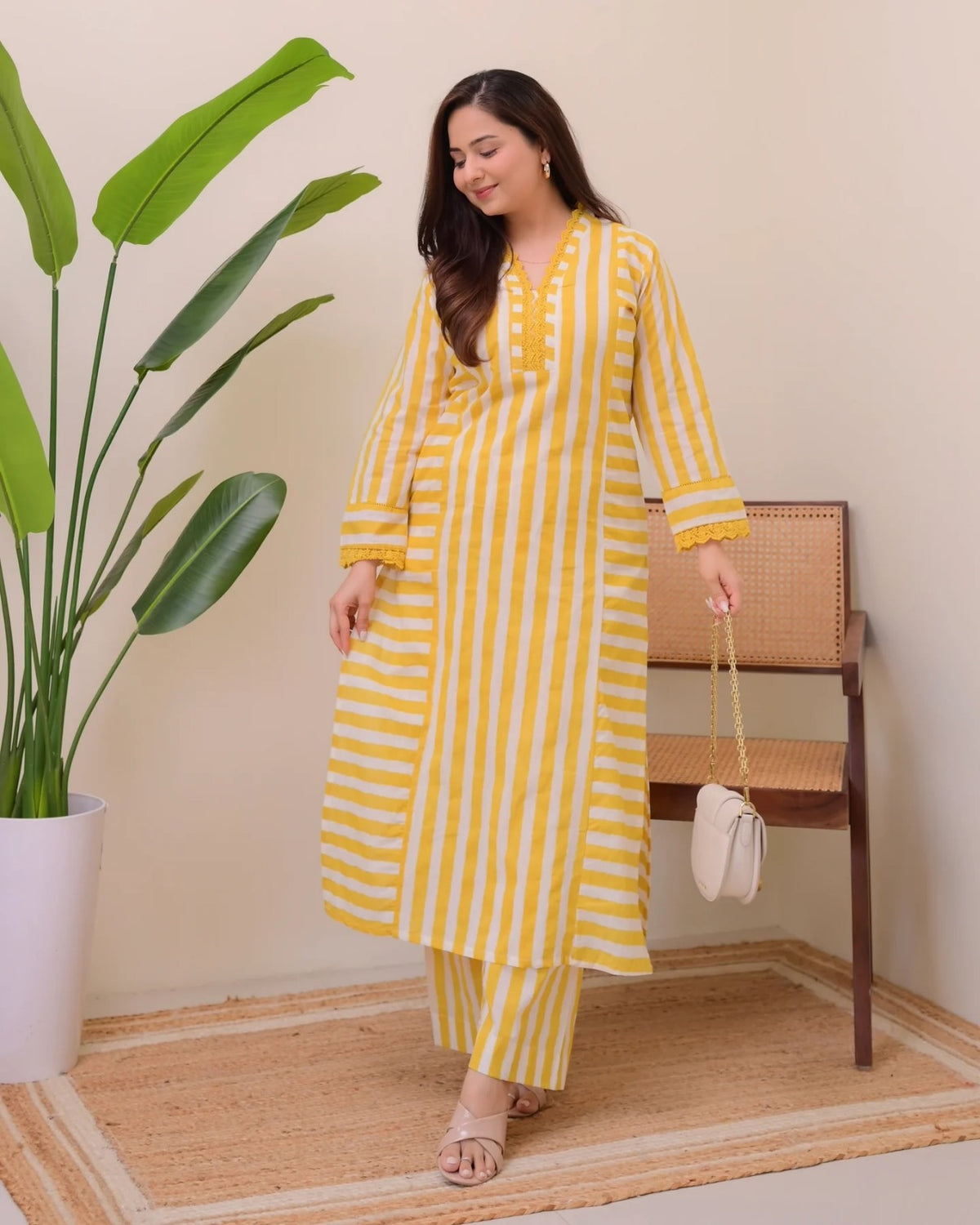 Mustard Yellow Striped Rayon Kurta Palazzo Set Women for Women