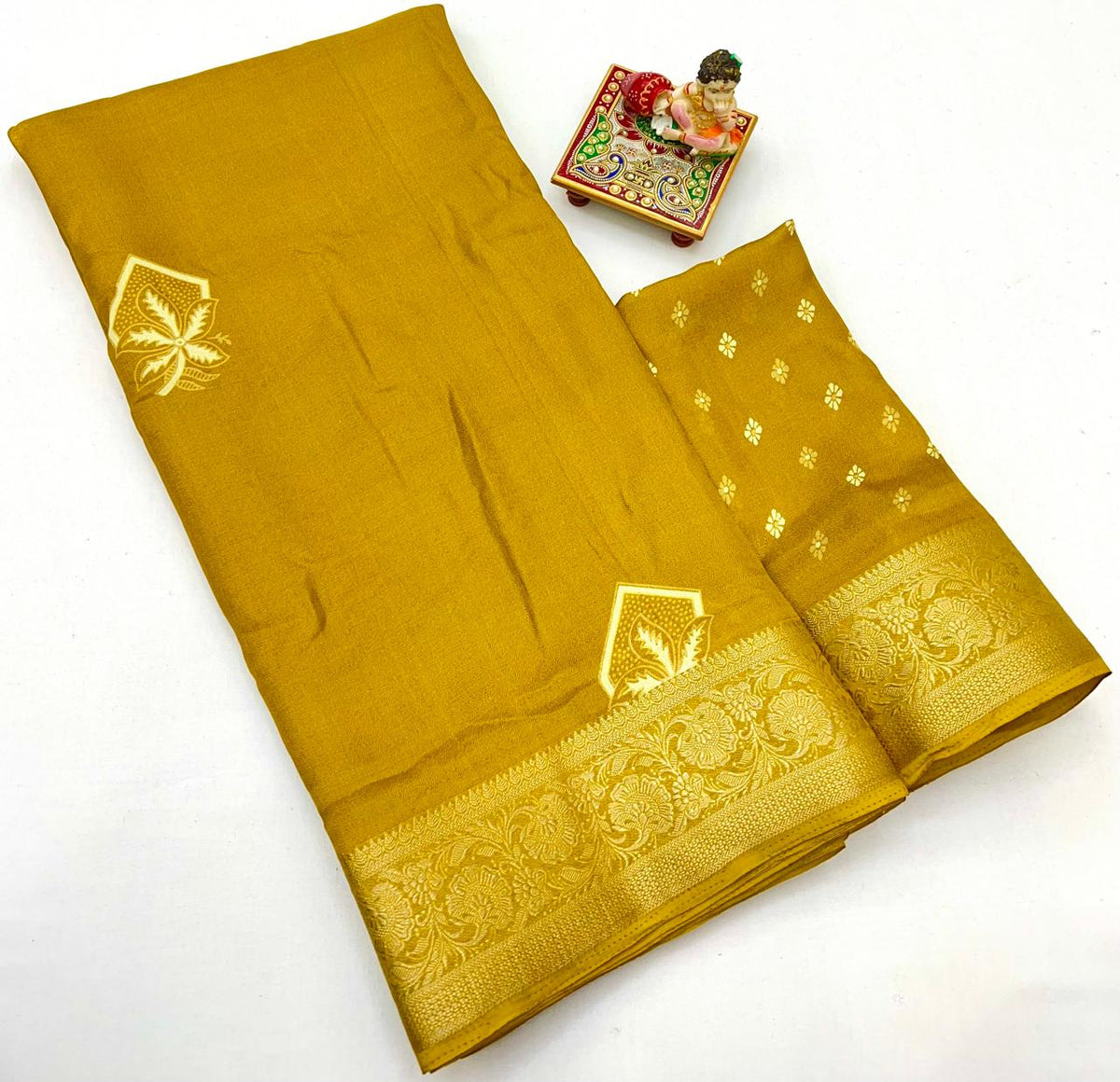 Mustard Zari Border Moss Georgette Saree With Blouse for Women