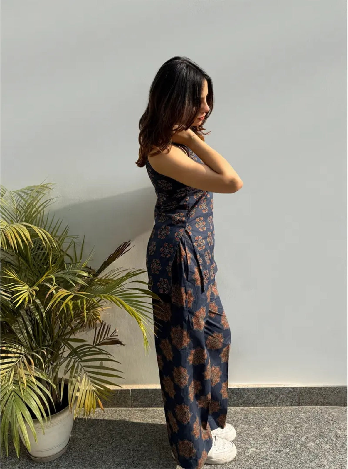 Navy Blue Ajrakh Printed Rayon Top Palazzo Set Women for Women
