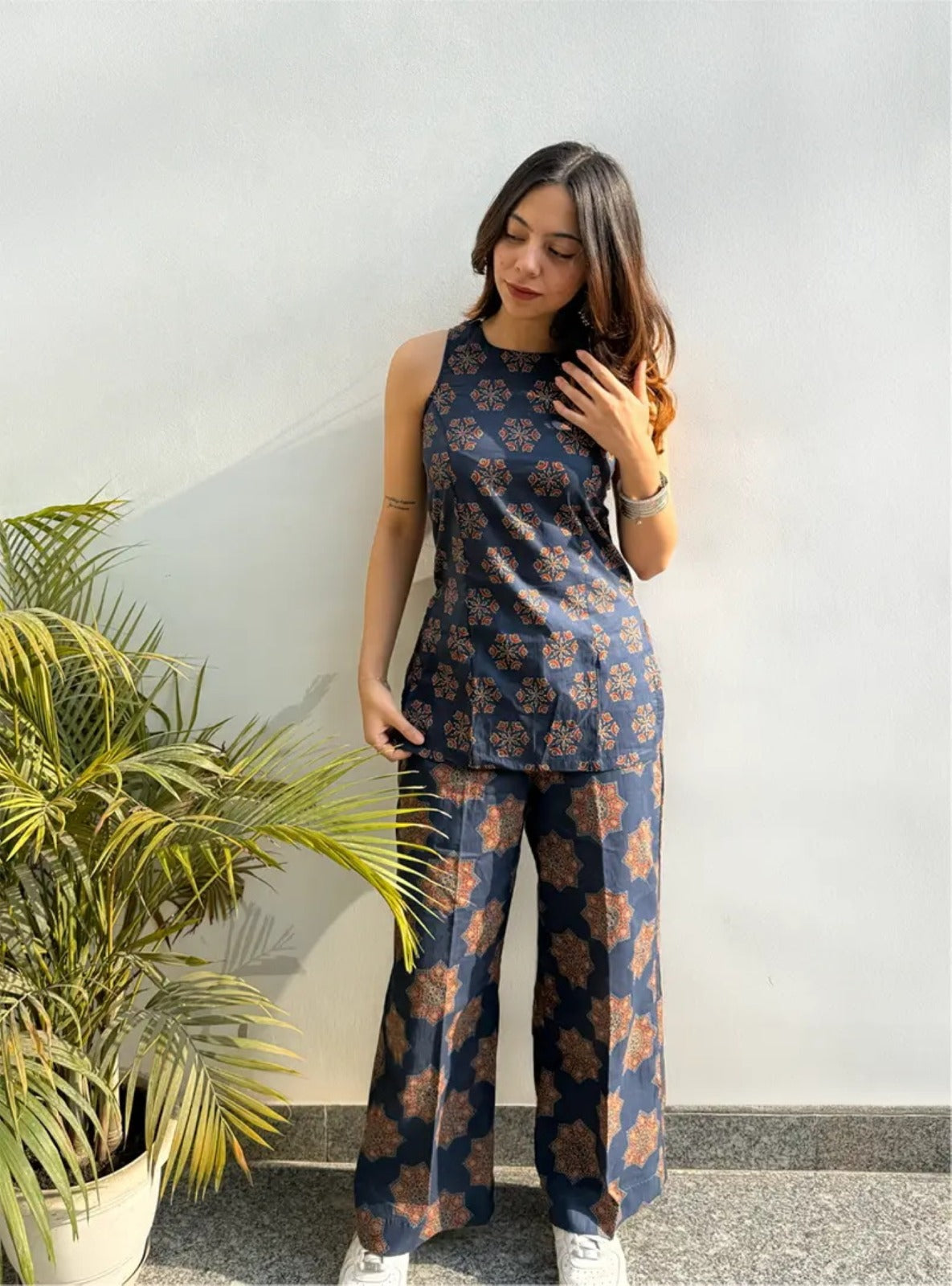 Navy Blue Ajrakh Printed Rayon Top Palazzo Set Women for Women