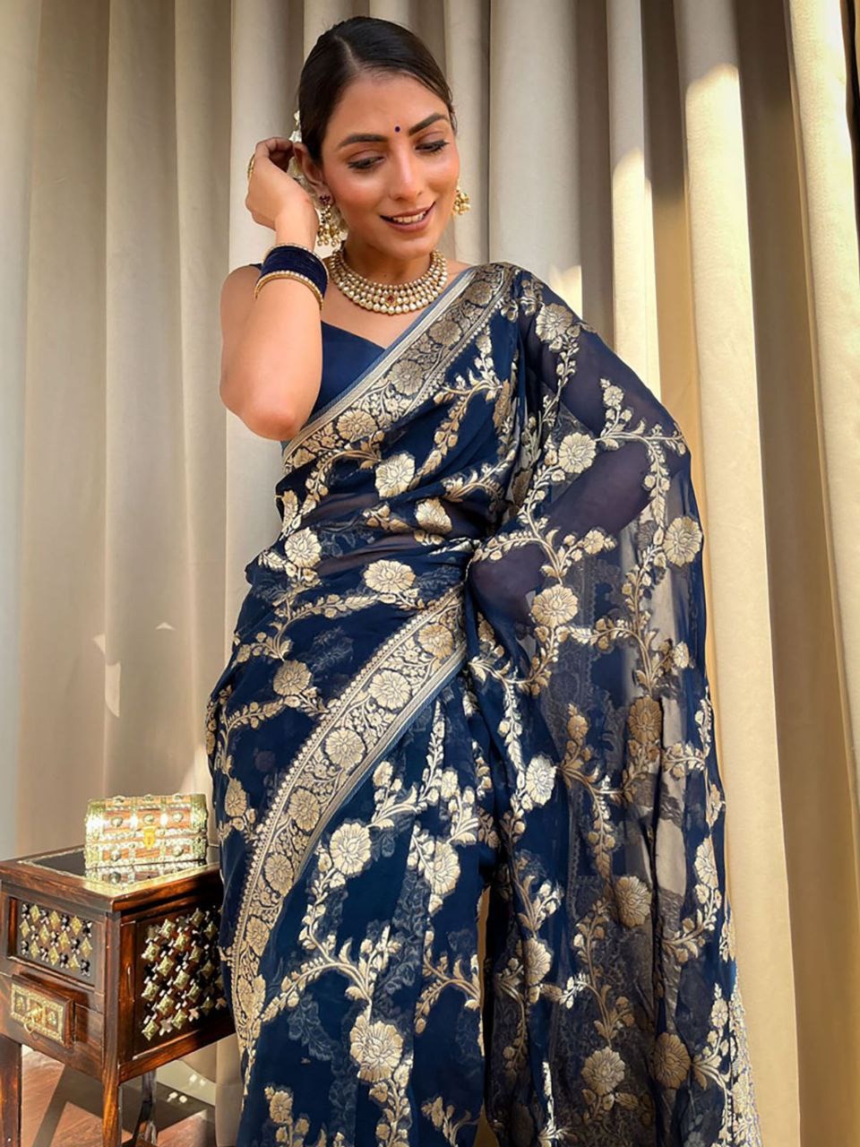Navy Blue Banarasi Silk Saree With Gold Jacquard Work for Women