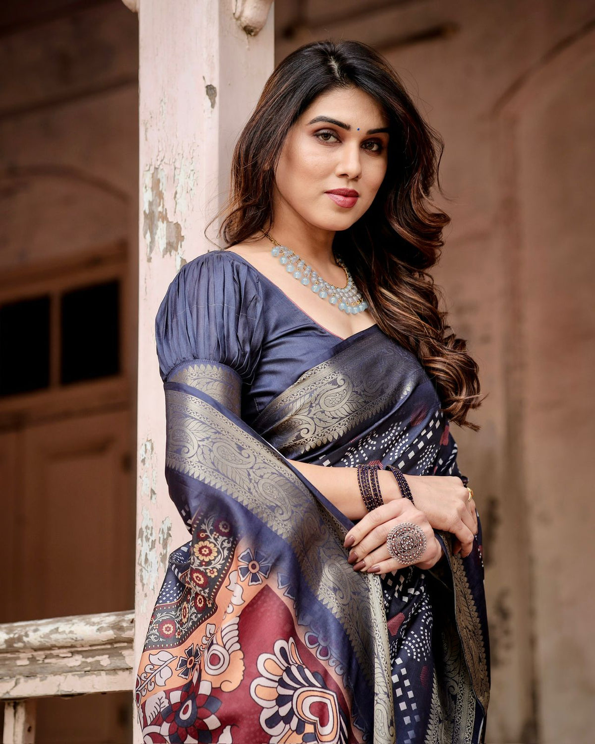 Navy Blue Bandhani Print Tussar Silk Saree with Zari for Women