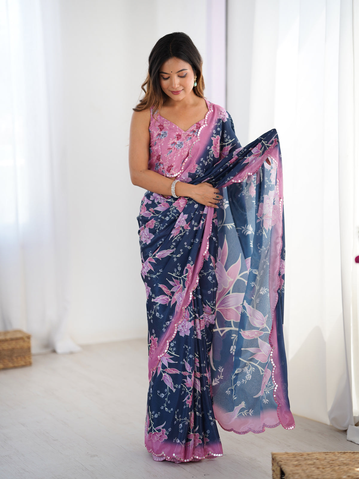 Navy Blue Bloom Heavy Chinnon Party Wear Saree for Women