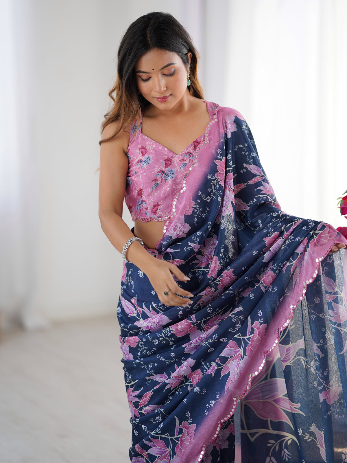 Navy Blue Bloom Heavy Chinnon Party Wear Saree for Women