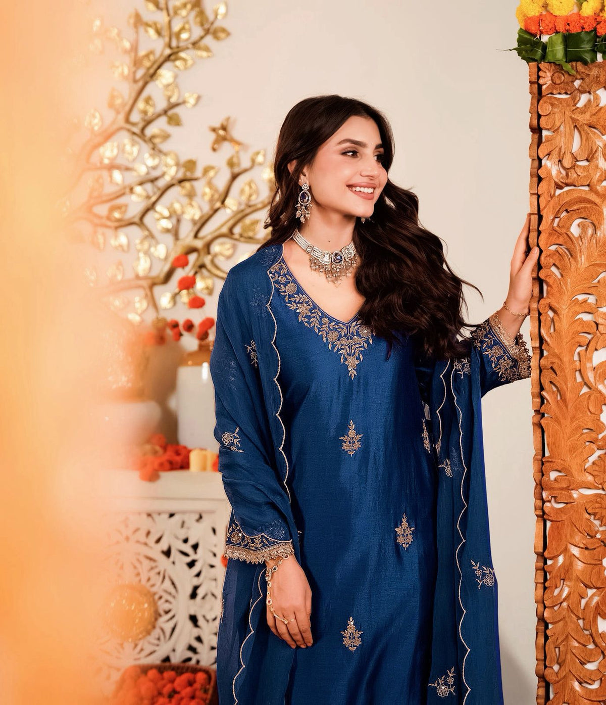 Navy Blue Embroidered Silk Kurta Pant Set for Women