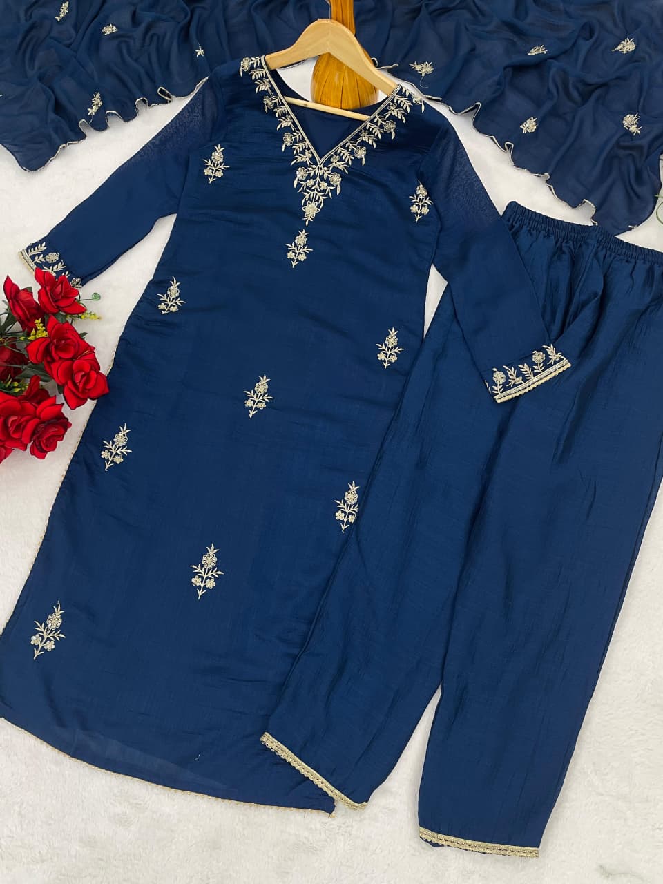 Navy Blue Embroidered Silk Kurta Pant Set for Women