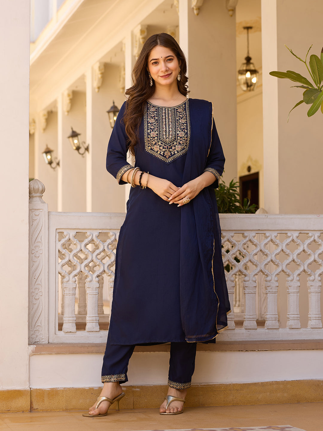 Navy Blue Embroidered Rayon Kurta Set with Chinon Dupatta for Women