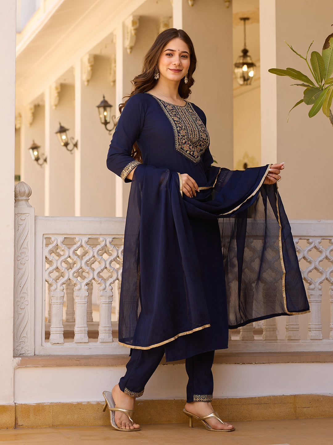 Navy Blue Embroidered Rayon Kurta Set with Chinon Dupatta for Women
