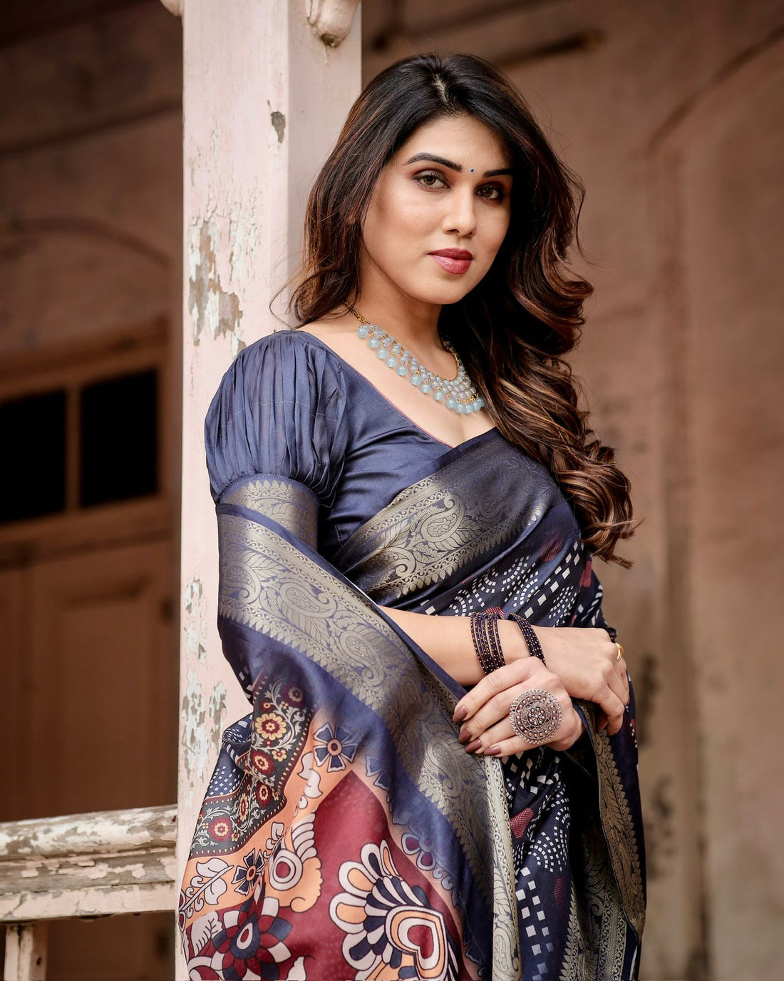 Navy Blue Printed Silk Saree With Blouse for Women
