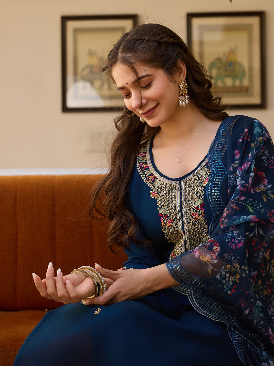 Navy Blue Threadwork Readymade Salwar Suit for Women