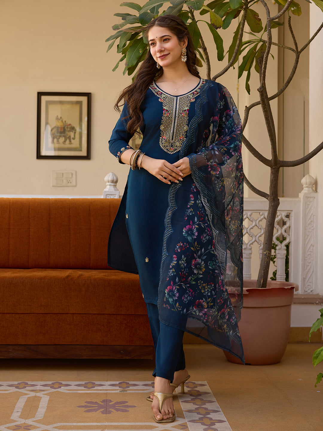 Navy Blue Threadwork Readymade Salwar Suit for Women