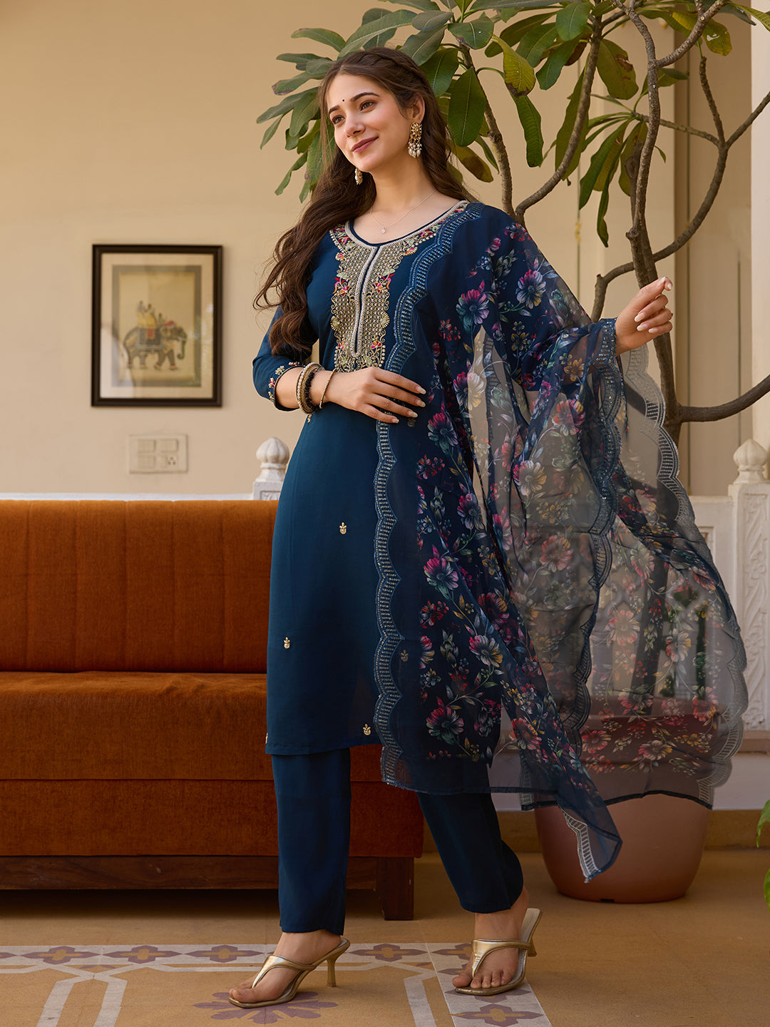 Navy Blue Threadwork Readymade Salwar Suit for Women