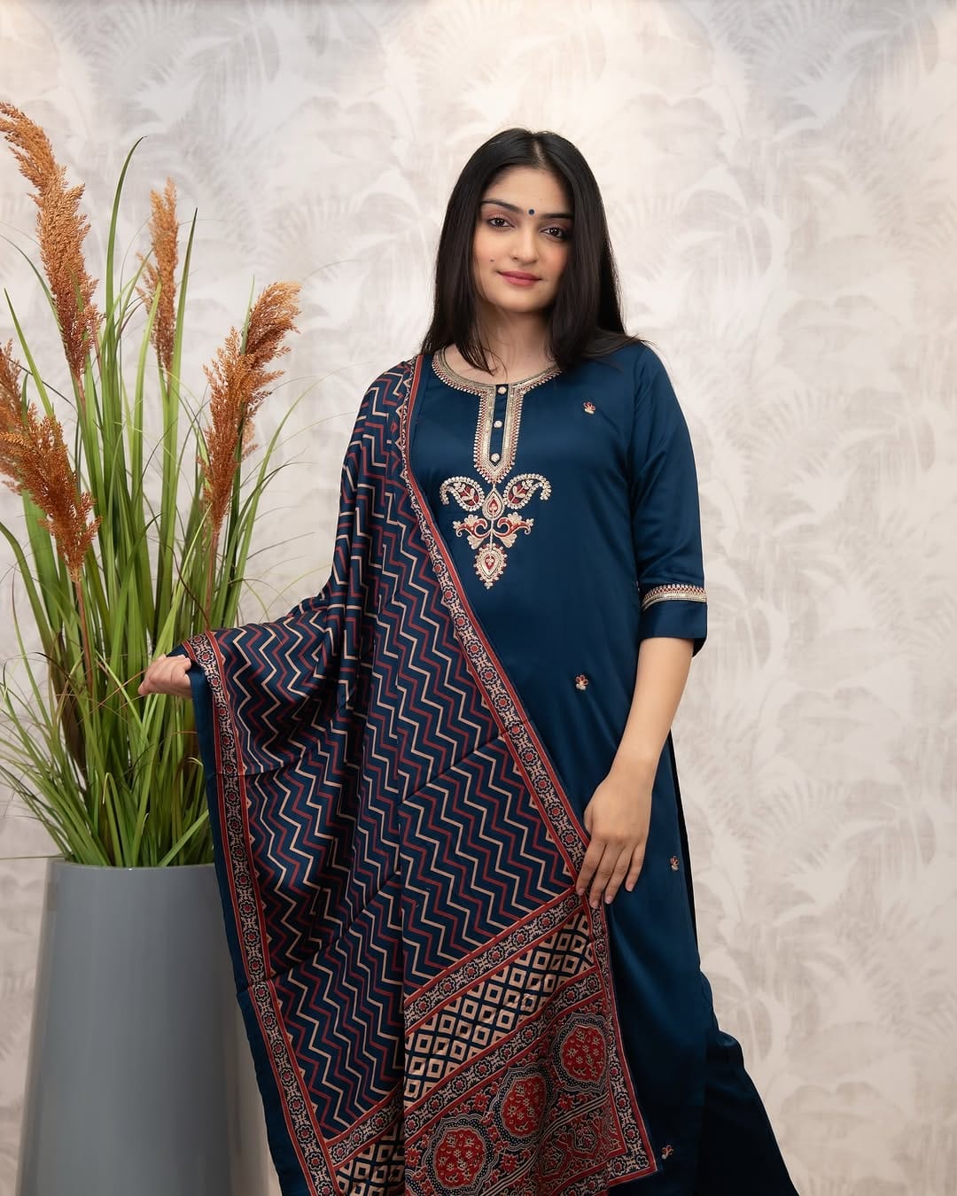 Navy Blue Chanderi Silk Kurta Set with Printed Dupatta for Women