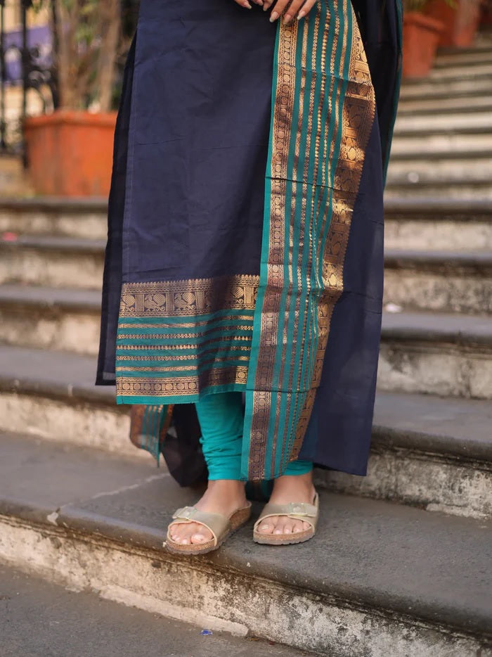 Navy Kanchi Cotton Kurti Set with Woven Dupatta for Women