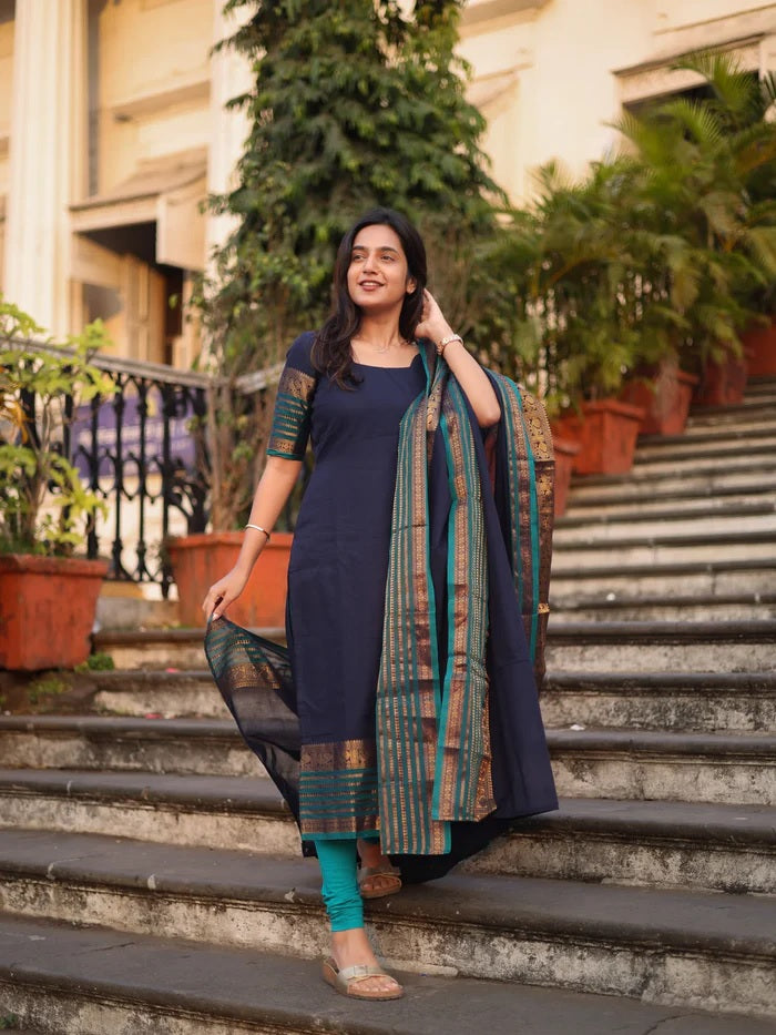 Navy Kanchi Cotton Kurti Set with Woven Dupatta for Women