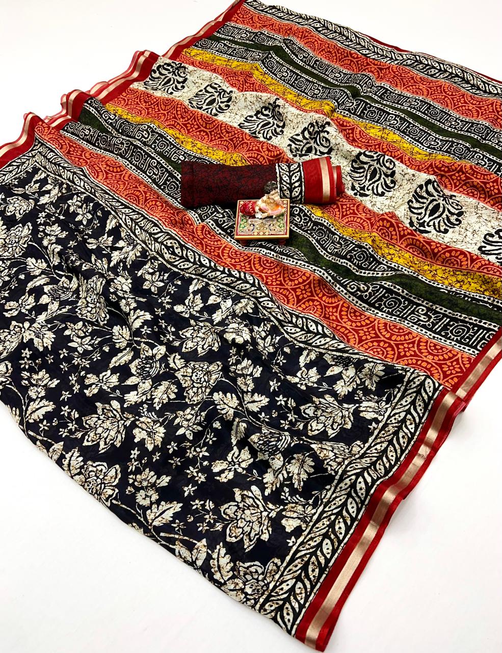 Navy Floral Digital Print Viscose Uppada Silk Saree for Women