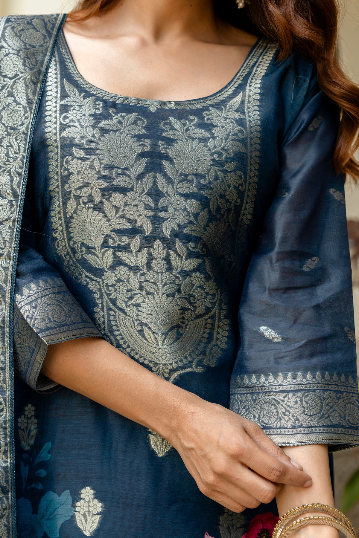 Navy Floral Woven Chanderi Kurti Pant Dupatta Set for Women