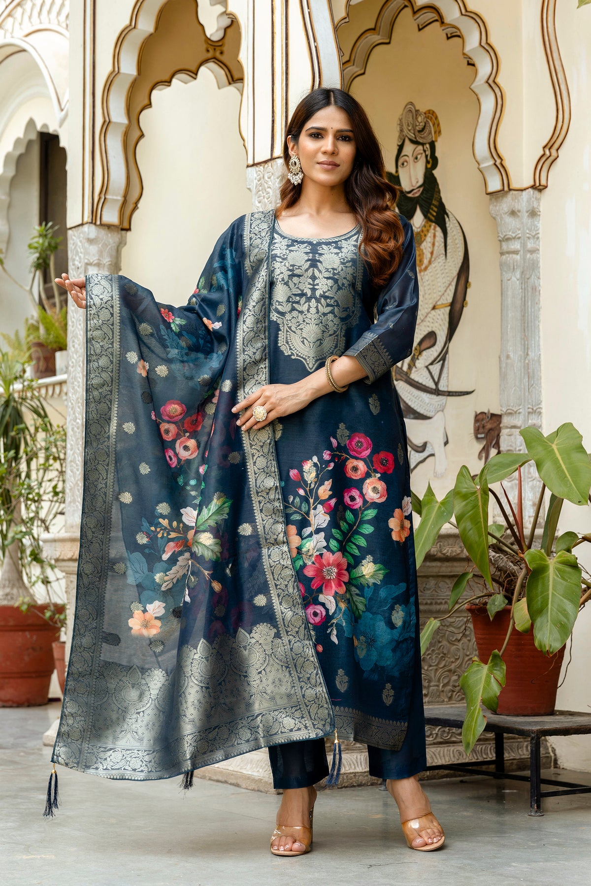 Navy Floral Woven Chanderi Kurti Pant Dupatta Set for Women