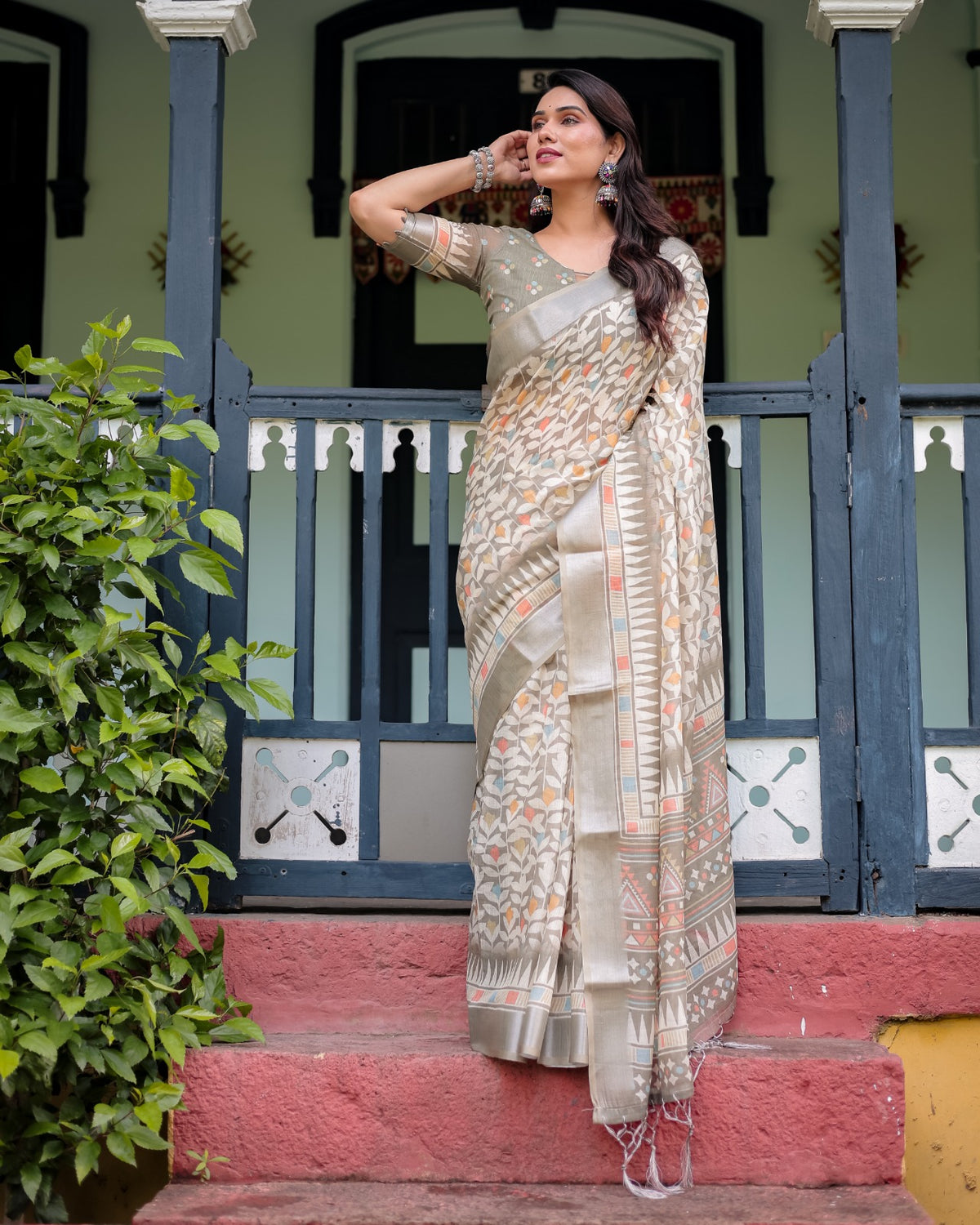 Off White Linen Cotton Printed Saree with Zari for Women