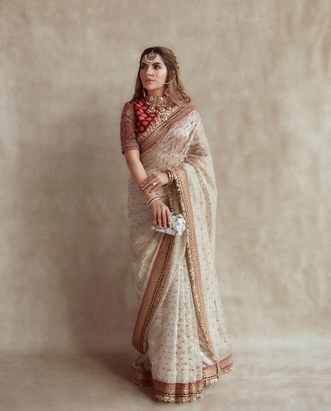 Off White Organza Silk Embroidered Saree with Sequin Butti Work