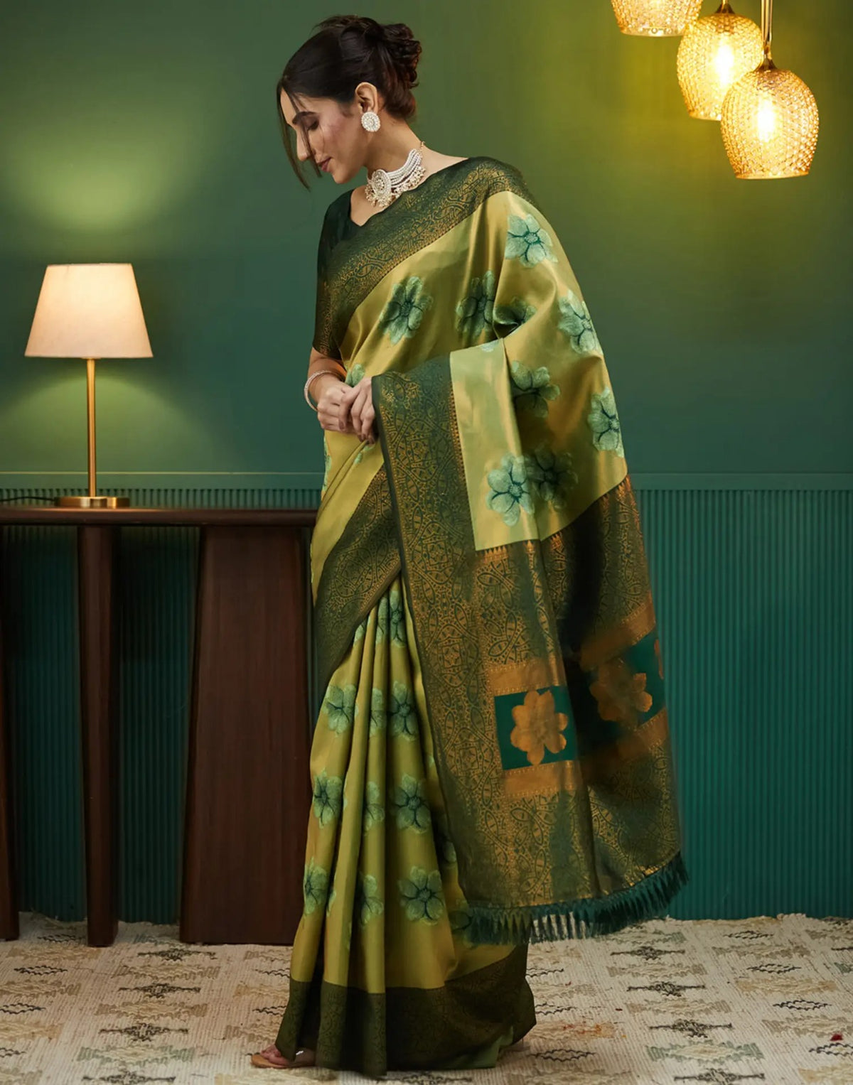 Olive Gold Banarasi Silk Saree with Rich Zari Bloom for Women