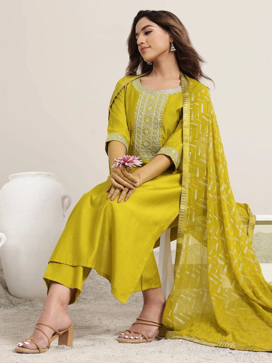 Olive Designer Kurti Set with Amrai Silk Dupatta for Women