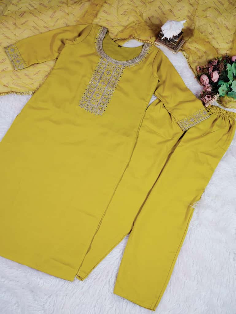 Olive Designer Kurti Set with Amrai Silk Dupatta for Women