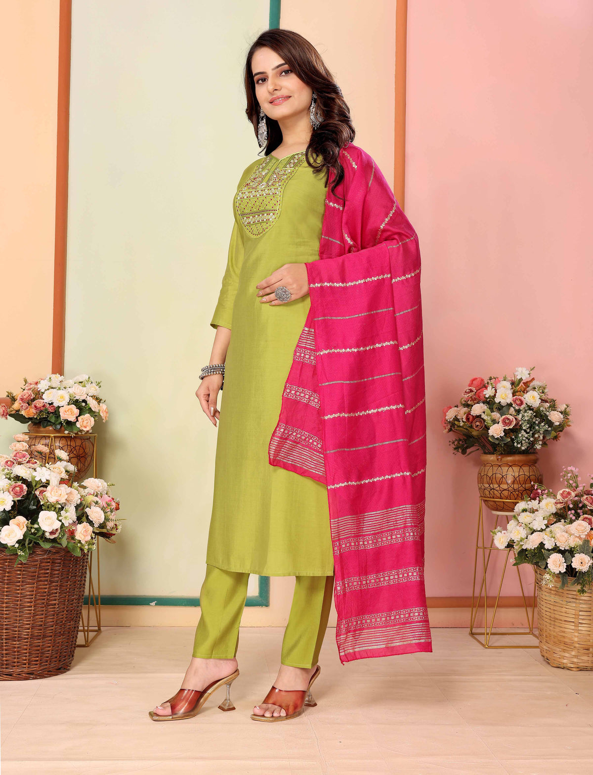 Olive Silk Embroidered Kurta Pant Dupatta Set Women for Women