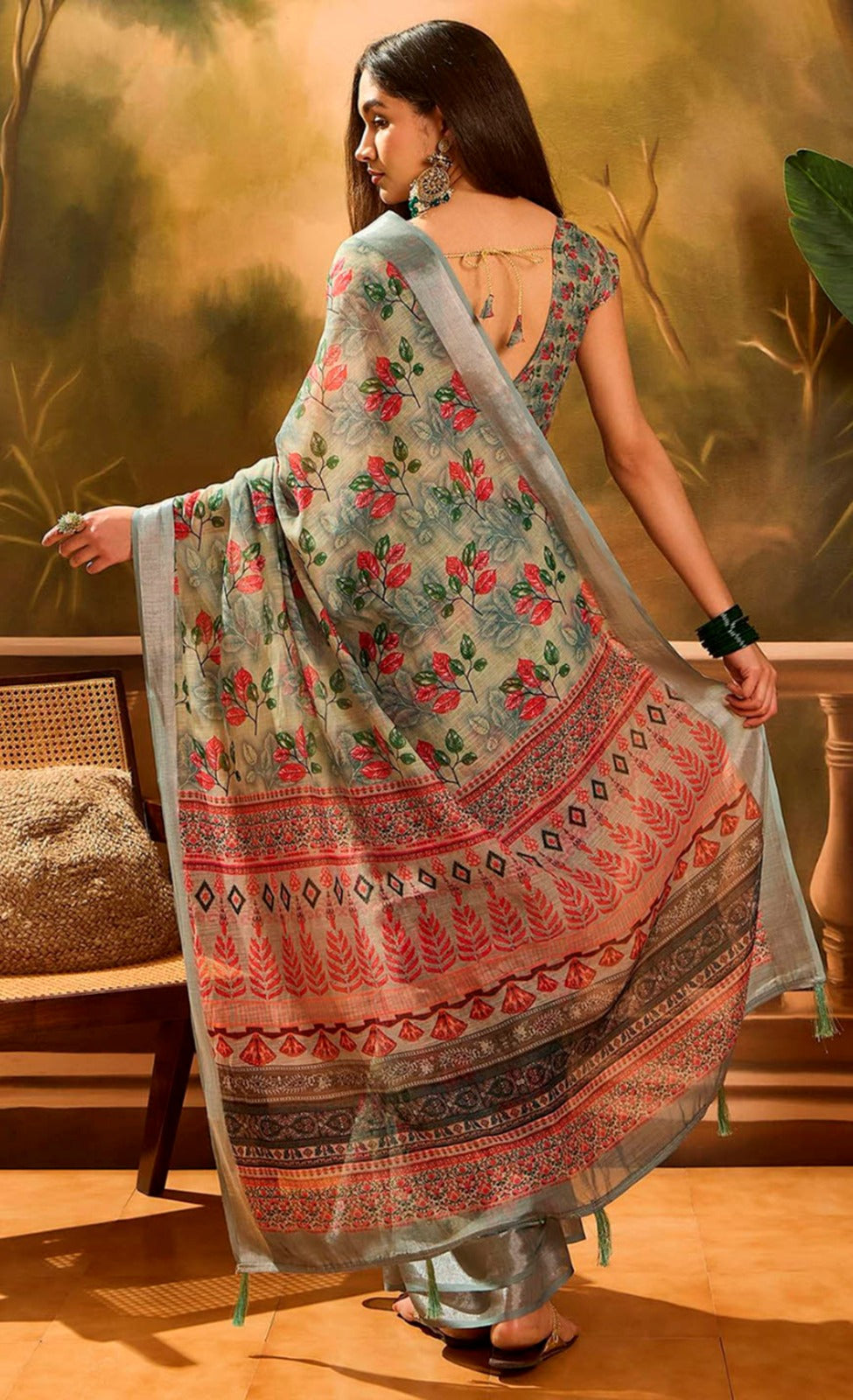 Olive Floral Linen Cotton Saree with Zari Border Style for Women