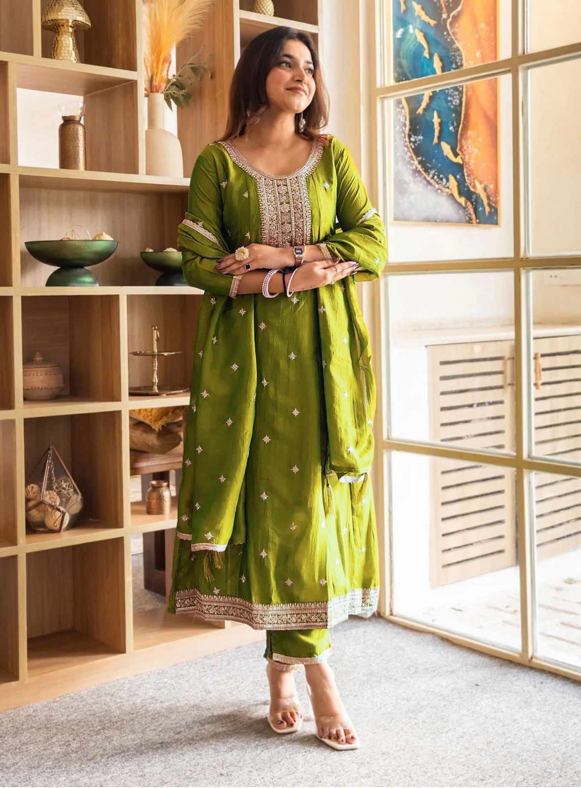 Trendy Olive Green Anarkali Suit Set with Dupatta for Women