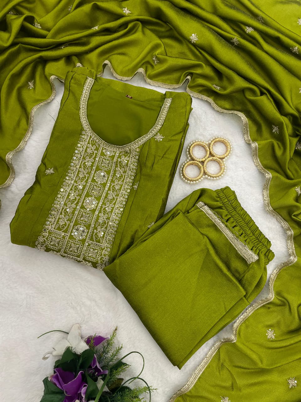 Trendy Olive Green Anarkali Suit Set with Dupatta for Women