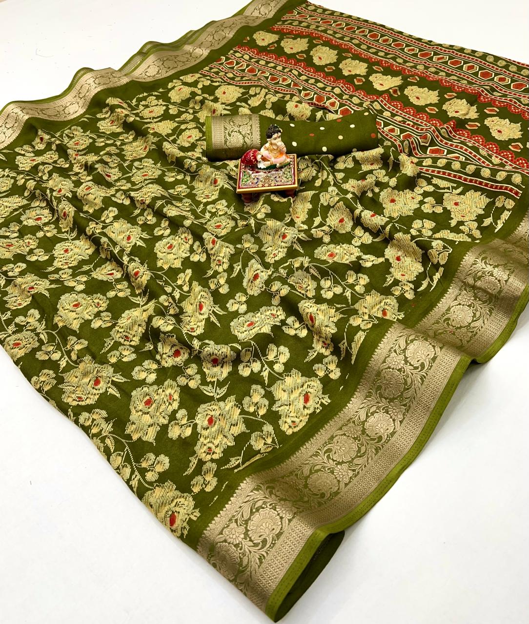 Elegant Olive Green Floral Georgette Saree With Zari Border for Women