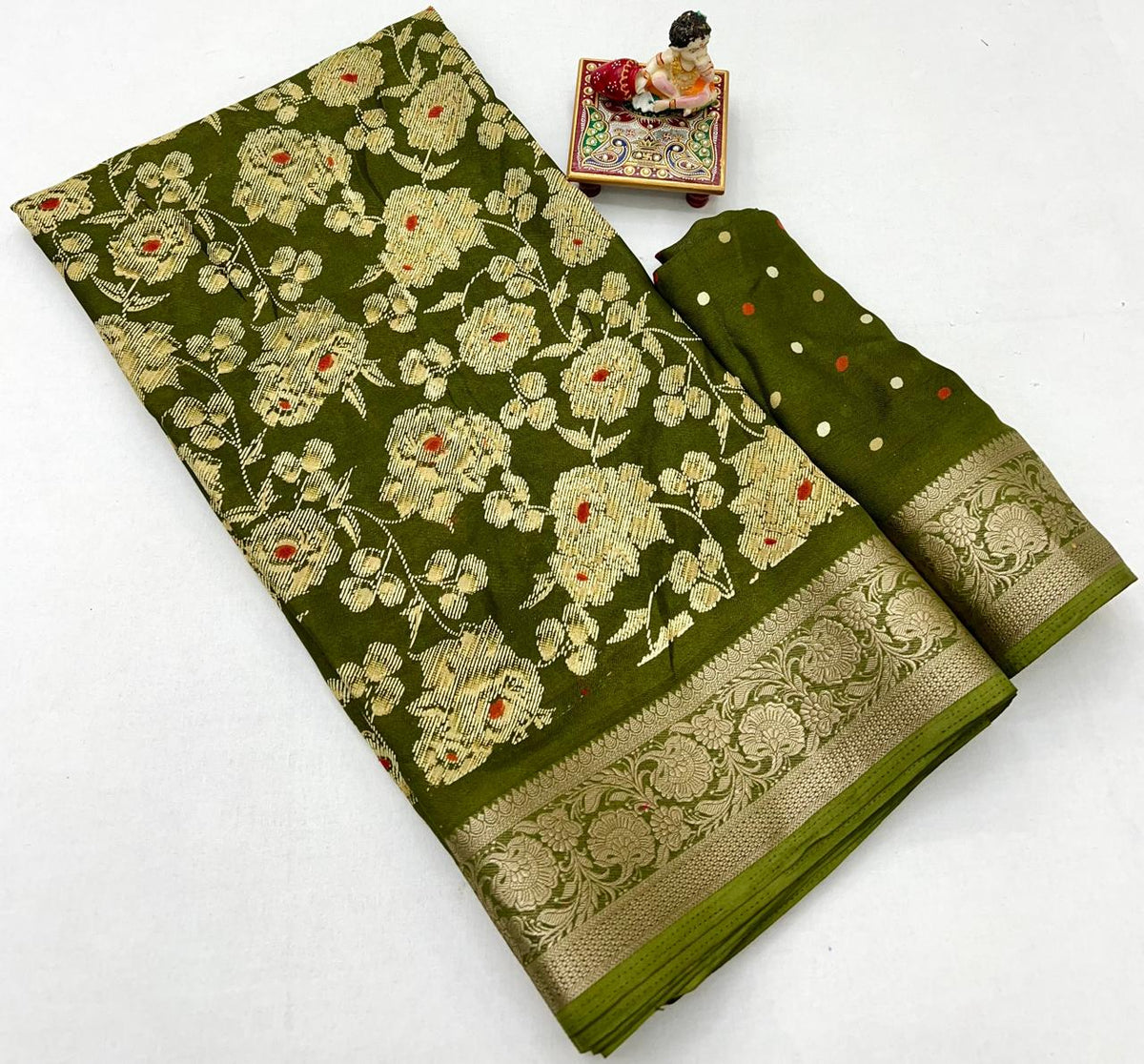 Elegant Olive Green Floral Georgette Saree With Zari Border for Women