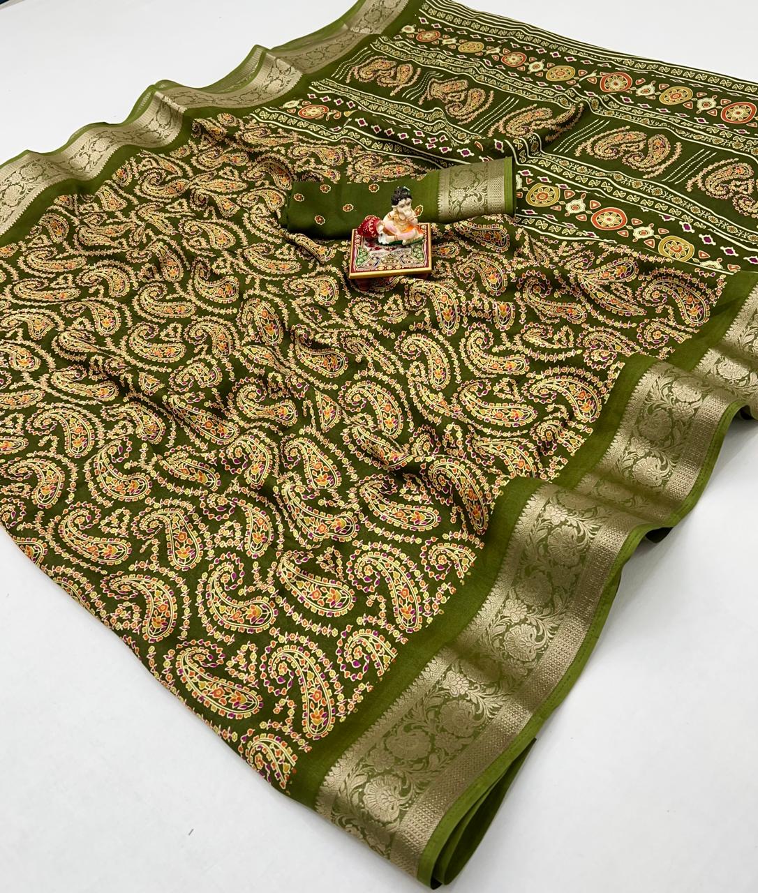 Olive Paisley Moss Georgette Saree With Zari Border for Women
