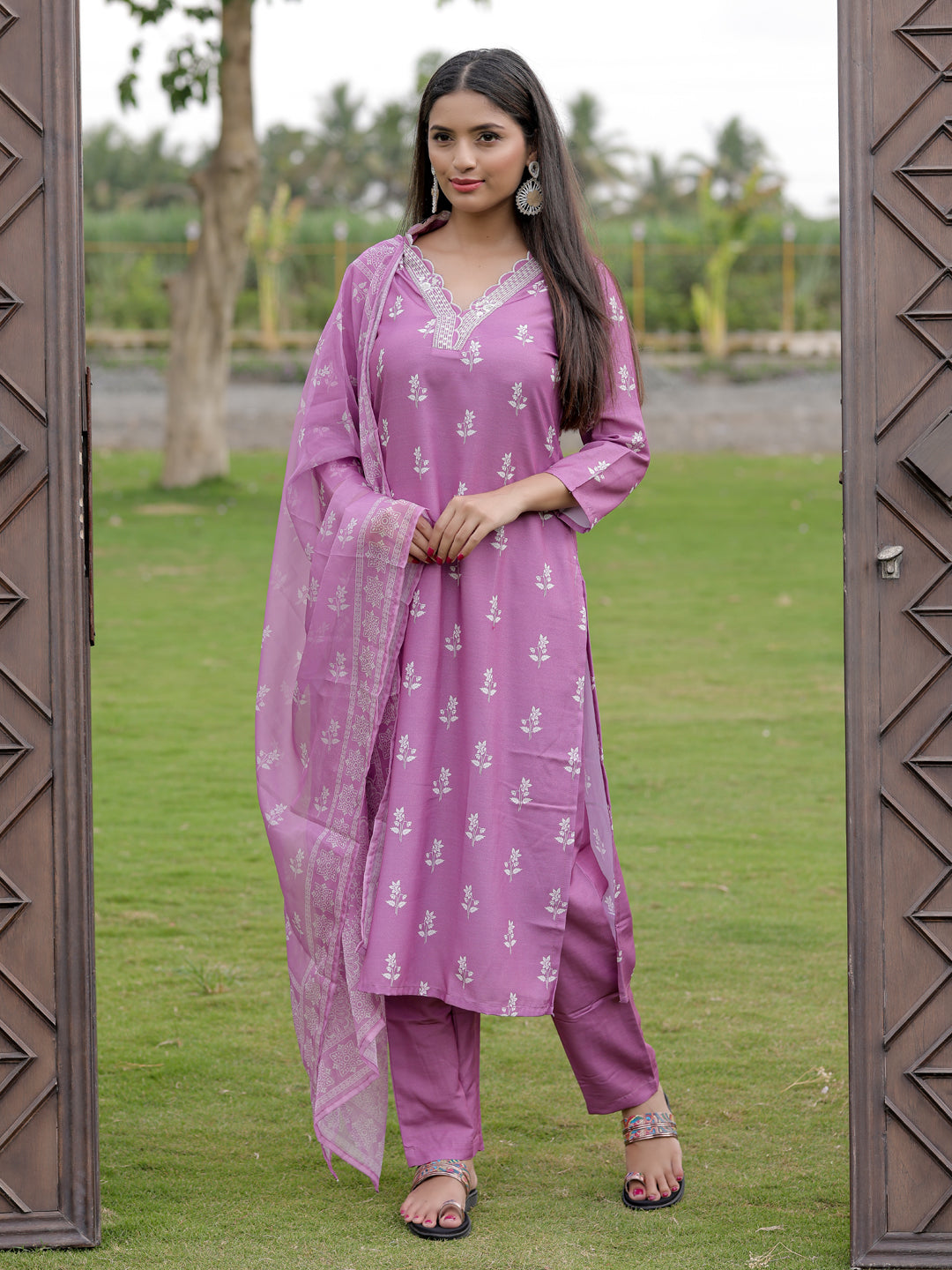 Onion Pink Printed Kurti Pant Dupatta Set for Women