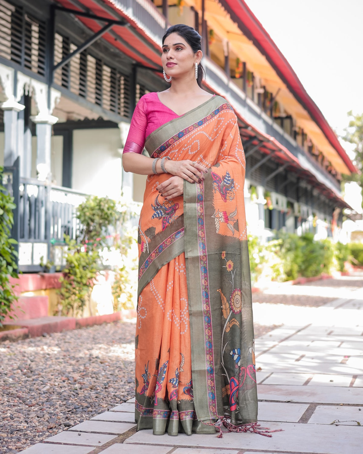 Orange Bandhani Kalamkari Linen Cotton Saree for Women