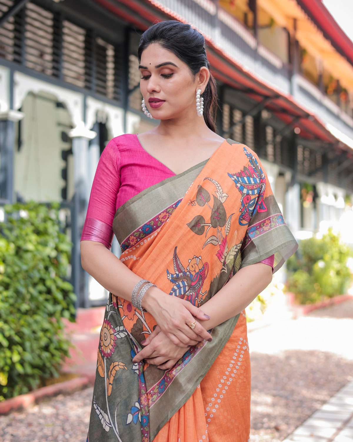 Orange Bandhani Kalamkari Linen Cotton Saree for Women