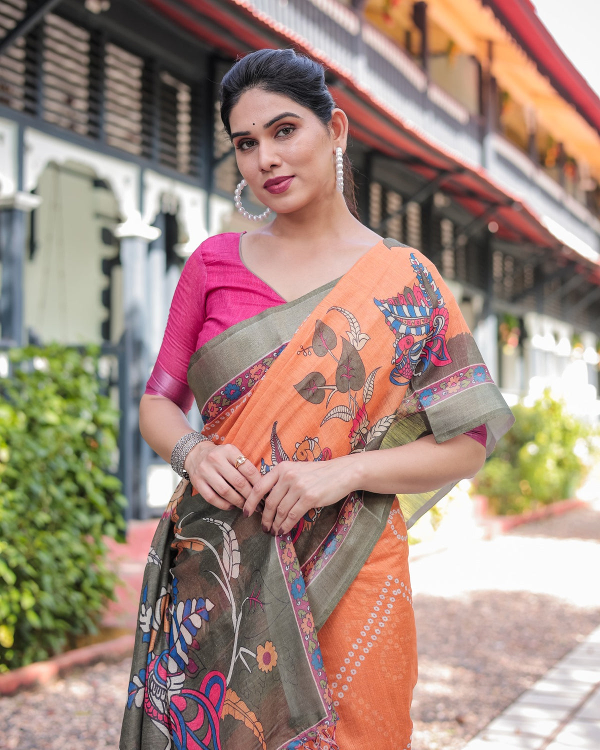 Orange Bandhani Kalamkari Linen Cotton Saree for Women