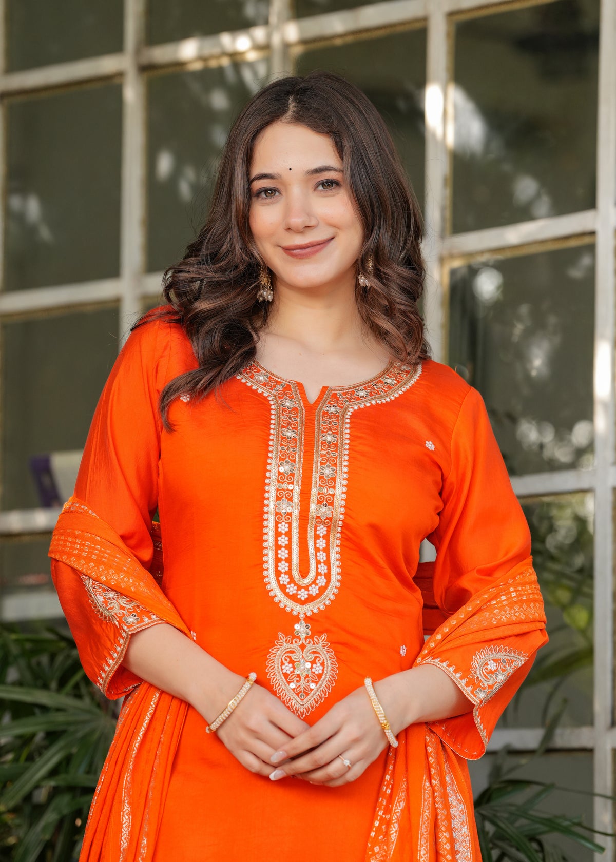 Bright Orange Chanderi Kurta Pant Dupatta Set Women for Women