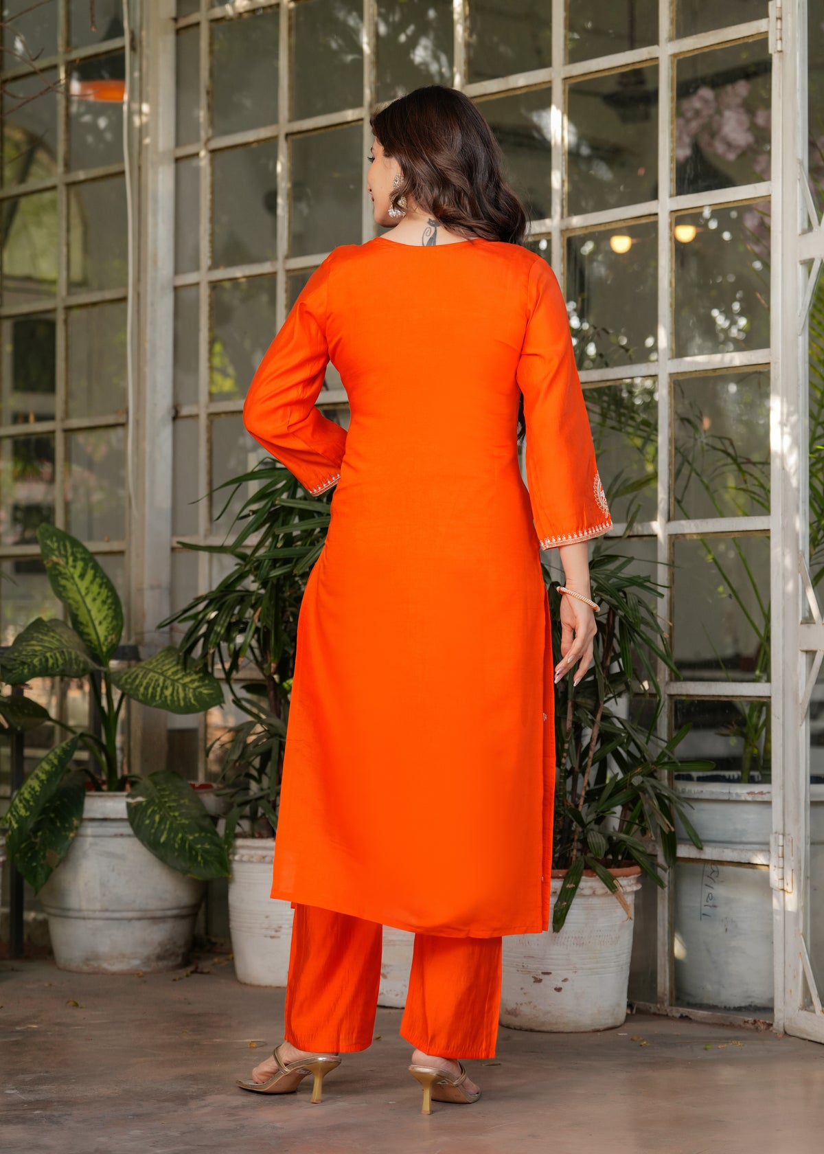 Bright Orange Chanderi Kurta Pant Dupatta Set Women for Women