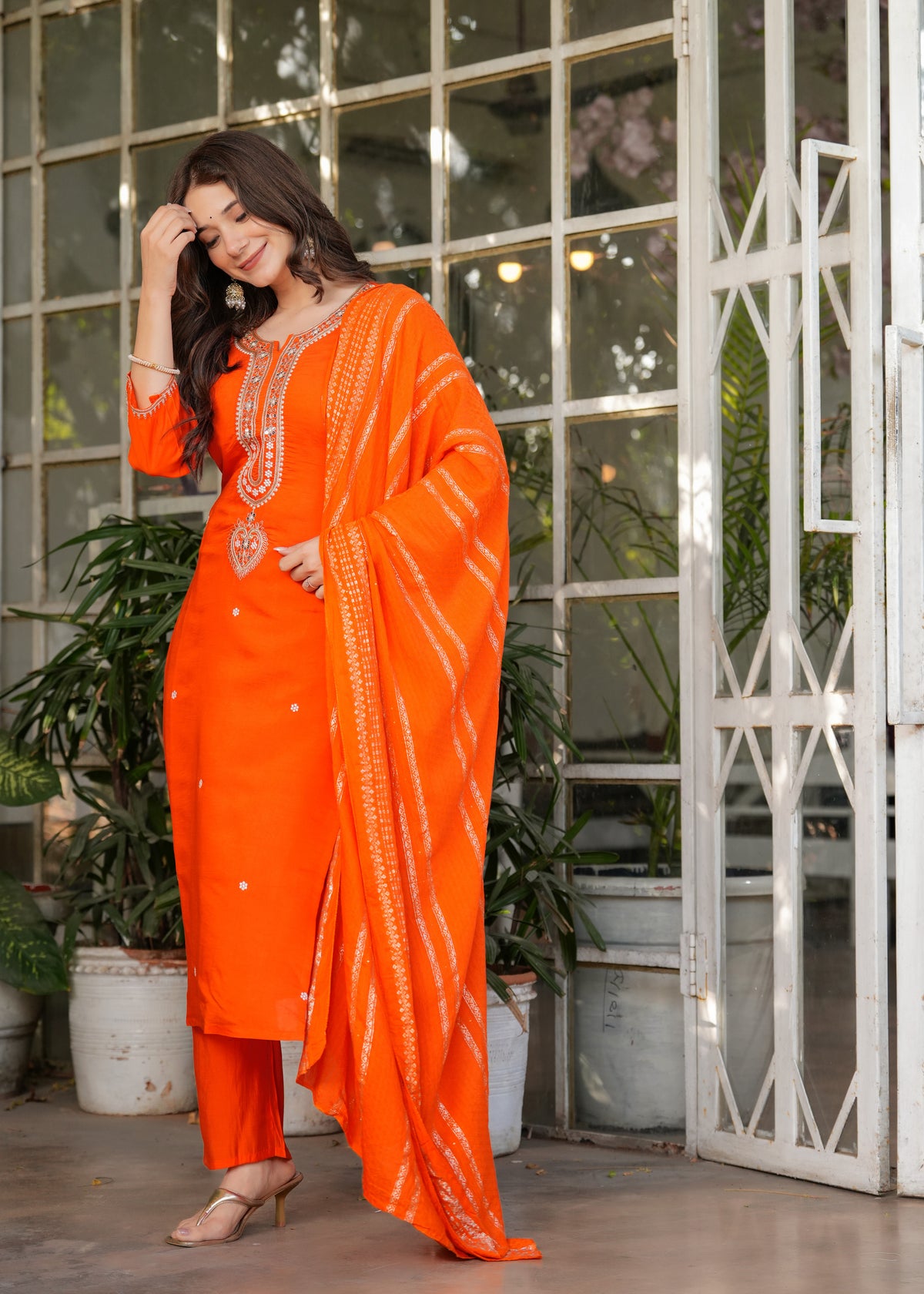 Bright Orange Chanderi Kurta Pant Dupatta Set Women for Women