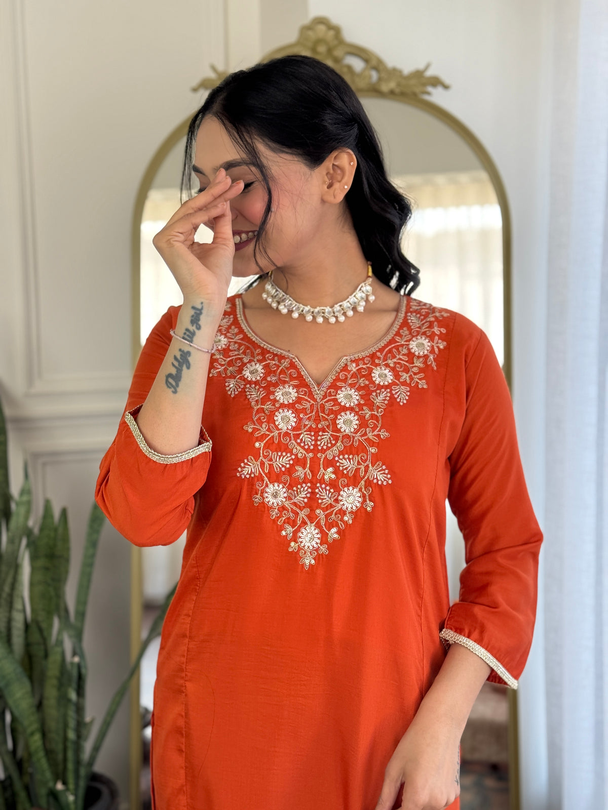 Orange Embroidered Chinon Kurta Set with Dupatta for Women
